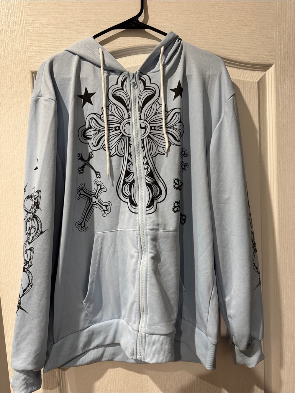 ROMWE Light Blue Zip-Up Bomber Hoodie with Black Cross Graphics